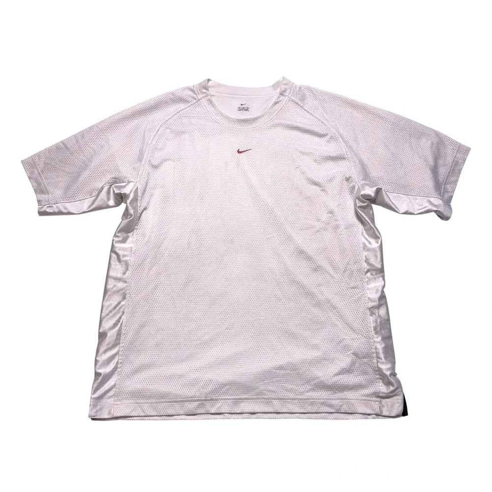 Vintage Nike Mesh T-Shirt Mens 2XL White‎ Center Swoosh Basketball Y2K
